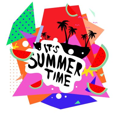 Yaz saati vektör banner tasarımı metin ve renkli tropikal plaj öğeleri için arka plan ile. Olay için vektör çizim şablonu.