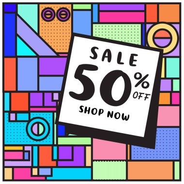 Satılık memphis tarzı web afiş. Moda ve seyahat poster indirim. Kampanya ve promosyon ile tatil soyut renkli resimde.