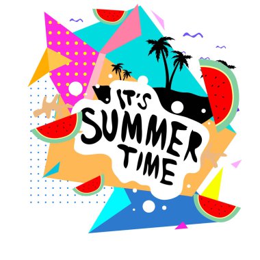 Yaz saati vektör banner tasarımı metin ve renkli tropikal plaj öğeleri için arka plan ile. Olay için vektör çizim şablonu.