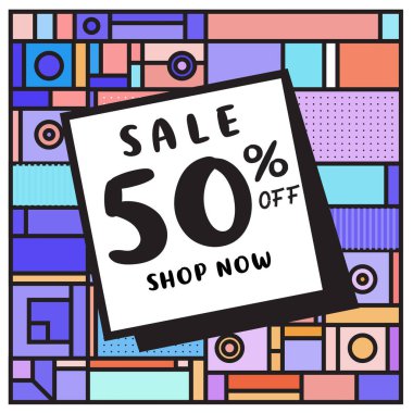 Satılık memphis tarzı web afiş. Moda ve seyahat poster indirim. Kampanya ve promosyon ile tatil soyut renkli resimde.