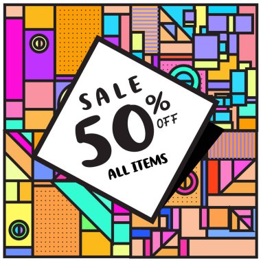 Satılık memphis tarzı web afiş. Moda ve seyahat poster indirim. Kampanya ve promosyon ile tatil soyut renkli resimde.