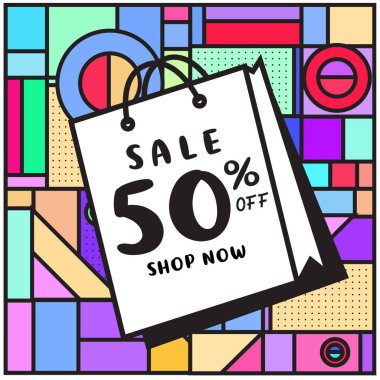 Satılık memphis tarzı web afiş. Moda ve seyahat poster indirim. Kampanya ve promosyon ile tatil soyut renkli resimde.