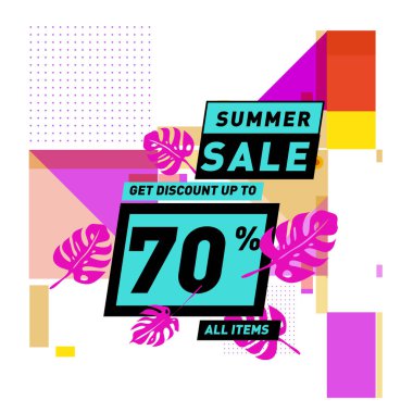 Monstera ile yaz satış memphis tarzı web afiş bırakır. Kampanya ve promosyon ile soyut renkli resimde.