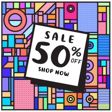  Satılık memphis tarzı web afiş. Moda ve seyahat poster indirim. Vektör tatil soyut renkli resimde kampanya ve promosyon.