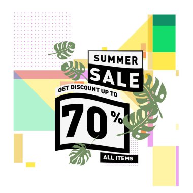 Monstera ile yaz satış memphis tarzı web afiş bırakır. Kampanya ve promosyon ile soyut renkli resimde.