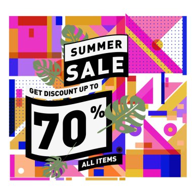 Monstera ile yaz satış memphis tarzı web afiş bırakır. Kampanya ve promosyon ile soyut renkli resimde.