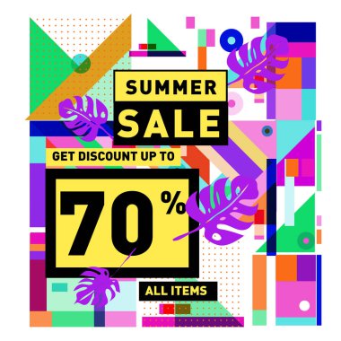 Monstera ile yaz satış memphis tarzı web afiş bırakır. Kampanya ve promosyon ile soyut renkli resimde.