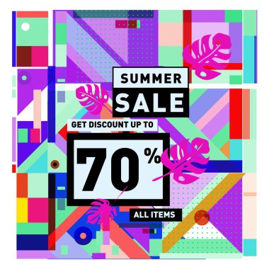 Monstera ile yaz satış memphis tarzı web afiş bırakır. Kampanya ve promosyon ile soyut renkli resimde.