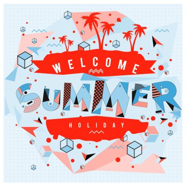 Palmiye ağaçları soyut renkli dokular ile trendy yaz kartı memphis tarzı. Tatil tatil poster, kart, broşür ve tanıtım şablonu için tasarlama.