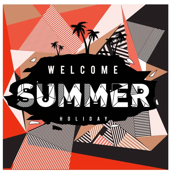 Trendige Sommerkarte Memphis Stil Mit Palmen Abstrakten Bunten Texturen Design — Stockvektor