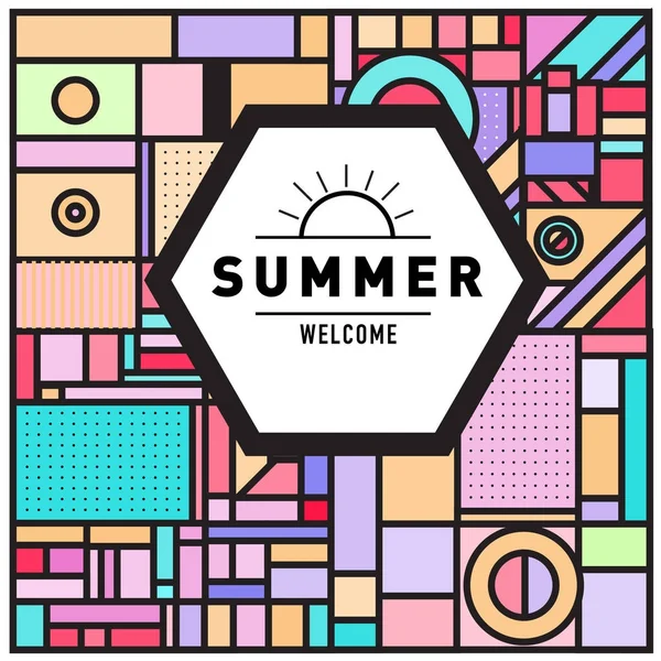 Trendy Welcome Summer Card Memphis Style Abstract Colorful Textures Design — Stock Vector