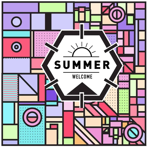 时尚的欢迎夏季卡在孟菲斯风格与抽象色彩的纹理 假日度假海报 小册子和促销模板的设计 — 图库矢量图片