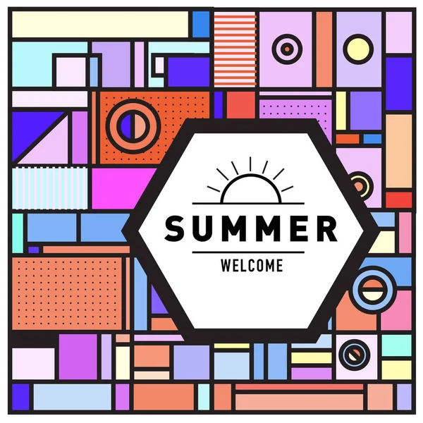 Trendy Welcome Summer Card Memphis Style Abstract Colorful Textures Design — Stock Vector