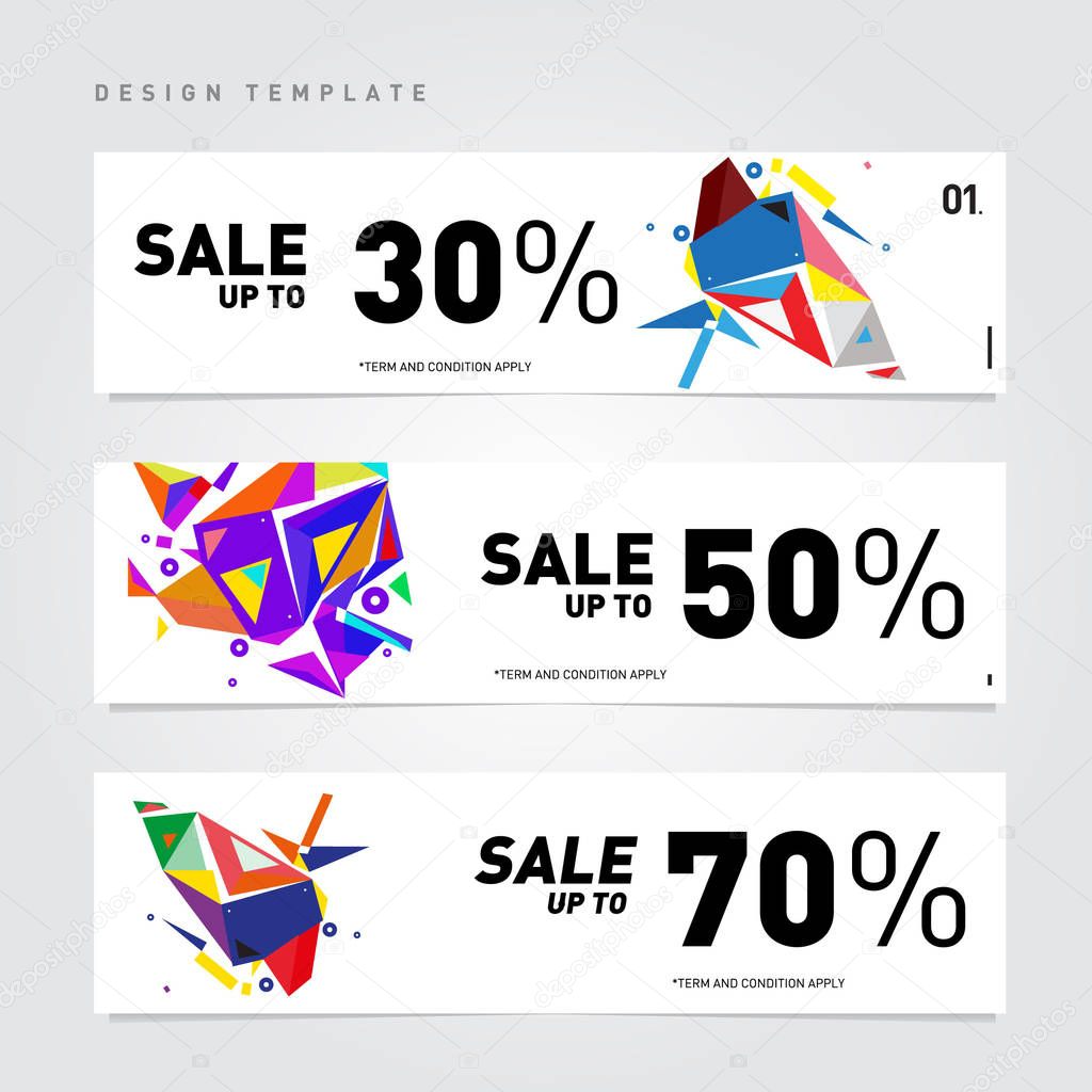 Sale and Discount Banner set. Colorful Memphis style banner template and background.