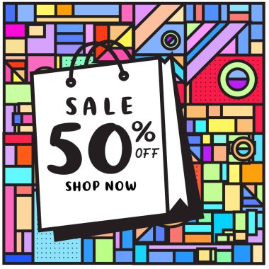 Satılık memphis tarzı web afiş. Moda ve seyahat poster indirim. Kampanya ve promosyon ile tatil soyut renkli resimde.