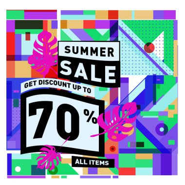 Monstera ile yaz satış memphis tarzı web afiş bırakır. Kampanya ve promosyon ile soyut renkli resimde.