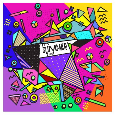 Yaz satış memphis tarzı web afiş. Moda ve seyahat poster indirim. Vektör tatil soyut renkli resimde kampanya ve promosyon.