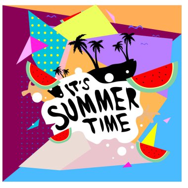 Yaz saati vektör banner tasarımı metin ve renkli tropikal plaj öğeleri için arka plan ile. Olay için vektör çizim şablonu.