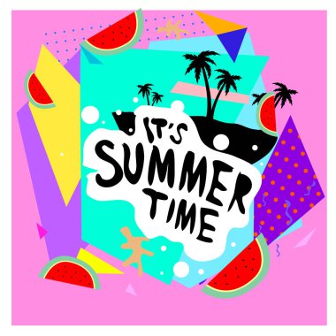 Yaz saati vektör banner tasarımı metin ve renkli tropikal plaj öğeleri için arka plan ile. Olay için vektör çizim şablonu.