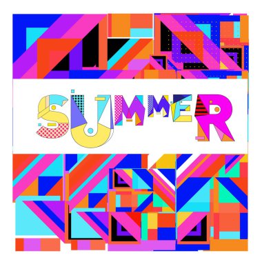 Memphis tarzı soyut renkli dokular ile trendy yaz kartı. Tatil tatil poster, kart, broşür ve tanıtım şablonu için tasarlama.