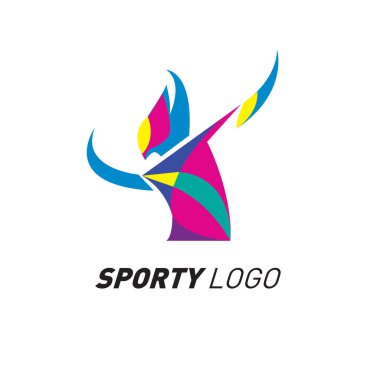 Renkli dinamik spor Logo ve kutsal kişilerin resmi. Spor olay ve sağlık etkinliği tasarım şablonu.