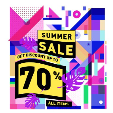 Monstera ile yaz satış memphis tarzı web afiş bırakır. Kampanya ve promosyon ile soyut renkli resimde.