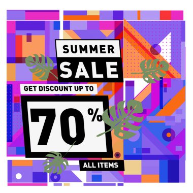 Monstera ile yaz satış memphis tarzı web afiş bırakır. Kampanya ve promosyon ile soyut renkli resimde.