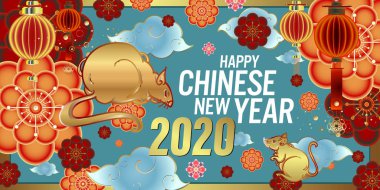 Çin yeni yılı tebrik kartı, afiş, poster, fare, sıçan sembolü ve geleneksel Çin süsleri karalama karikatürü. - Vektör