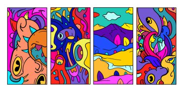 Vektör soyut karikatür karalama kafatası, kemik, böcek ve kafa rengarenk çizimi. Sıvı ve akışkan kabile dövmesi, çıkartma, pankart ve duvar kağıdı seti. - Vektör