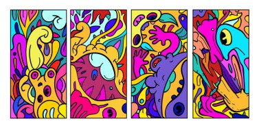 Vektör soyut karikatür karalama kafatası, kemik, böcek ve kafa rengarenk çizimi. Sıvı ve akışkan kabile dövmesi, çıkartma, pankart ve duvar kağıdı seti. - Vektör