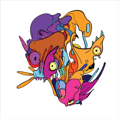 Vektör soyut karikatür karalama kafatası, kemik, böcek ve kafa rengarenk çizimi. Sıvı ve akışkan kabile dövmesi, çıkartma ve duvar kağıdı arka planı. - Vektör