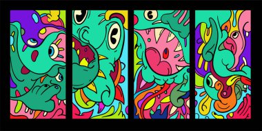 Vektör soyut karikatür karalama kafatası, kemik, böcek ve kafa rengarenk çizimi. Sıvı ve akışkan kabile dövmesi, çıkartma, pankart ve duvar kağıdı seti. - Vektör