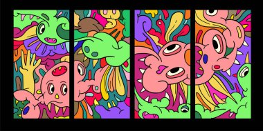 Vektör soyut karikatür karalama kafatası, kemik, böcek ve kafa rengarenk çizimi. Sıvı ve akışkan kabile dövmesi, çıkartma, pankart ve duvar kağıdı seti. - Vektör