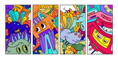 Vektör soyut karikatür karalama kafatası, kemik, böcek ve kafa rengarenk çizimi. Sıvı ve akışkan kabile dövmesi, çıkartma, pankart ve duvar kağıdı seti. - Vektör