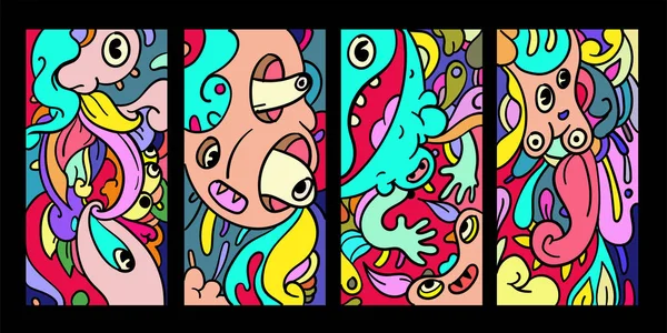 病媒抽象漫画涂鸦骷髅 昆虫和头部彩色插图 一套液体和流体抽象部落纹身 横幅和墙纸背景 — 图库矢量图片