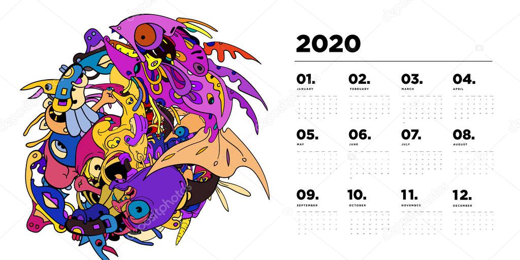 2020 new year calendar design template with colorful abstract doodle decorative illustration - Vector