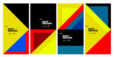 Dergi için Kapak ve Poster Tasarım Şablonu. Kapak, kitap, sosyal medya hikayesi ve Sayfa Düzeni Tasarımı için Tipografi ile Trendy Soyut Renkli Geometrik ve Eğri Vektör İllüstrasyon Kolaj.