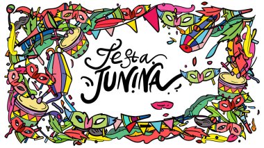Festa Junina 'nın vektör karalama çizimi. Tebrik kartı, afiş, web sitesi, promosyon, sosyal medya hikayesi ve reklam.