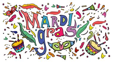 Mardi Gras 'nın vektör çizimi. Tebrik kartı, afiş, web sitesi, promosyon, sosyal medya hikayesi ve reklam.
