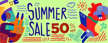 Yaz indirimi% 50 indirimli Renkli Poster ve Banner. Promosyon broşürü, indirim makbuzu şablonu, özel pazar broşürü. Yaz satışları için vektör karalama çizimi seti.