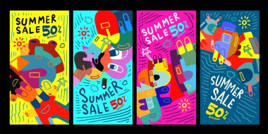 Yaz indirimi% 50 indirimli Poster ve Banner. Promosyon broşürü, indirim makbuzu şablonu, özel pazar broşürü. Yaz satışları için vektör karalama çizimi seti.
