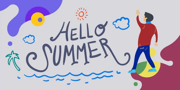 Summer Holiday Season Banner Illustration Flat Cartoon Kids Doodle Drawing — Stock Vector