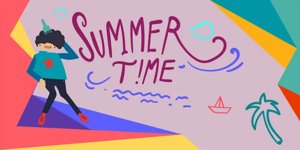 Zomer Vakantie Seizoen Banner Illustratie Platte Cartoon Kinderen Doodle Tekening — Stockvector