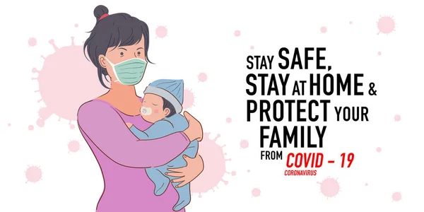 Illustration Mor Skydda Sitt Barn Från Coronavirus Covid — Stock vektor