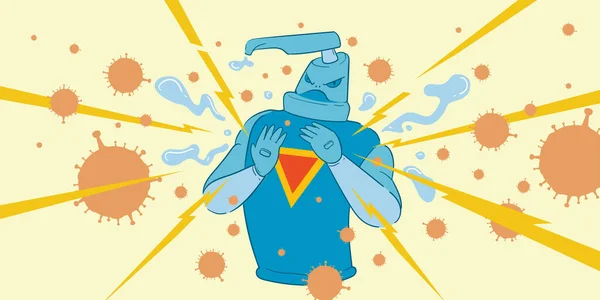 Cartoon Illustrazione Del Virus Della Corona Attacco Del Supereroe Disinfettante — Vettoriale Stock