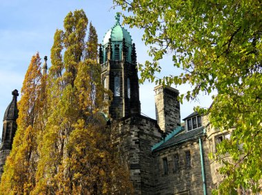 Toronto Üniversitesi Trinity College Kulesi ve ağaçlar 2016
