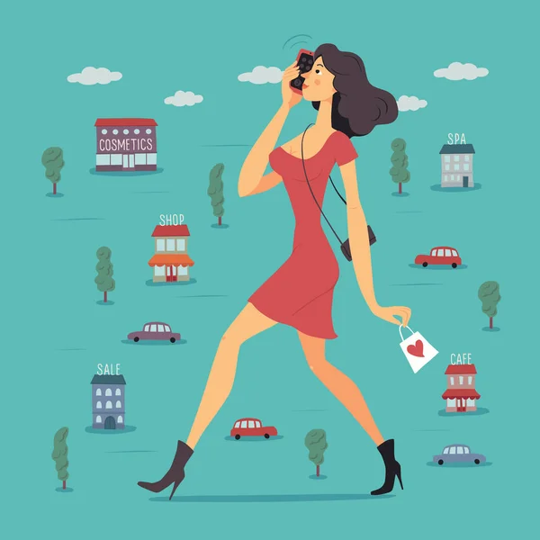 Vista lateral de una joven hermosa mujer en vestido rojo con bolso y bolsa de compras hablando por teléfono mientras camina por la ciudad. Ilustración vectorial . — Vector de stock