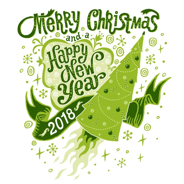 Frohe Weihnachten und einen guten Rutsch ins neue Jahr 2018 Grußkarte mit Handschrifttypografie. isolierte Vektorillustration, Plakat, Einladung, Postkarte oder Hintergrund. — Stockvektor