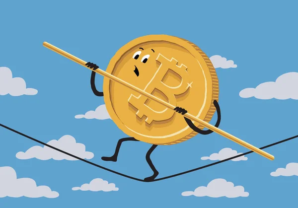 Bitcoin Ropewalker Фоні Неба Хмар Векторні Ілюстрації Про Цифрові Гроші — стоковий вектор