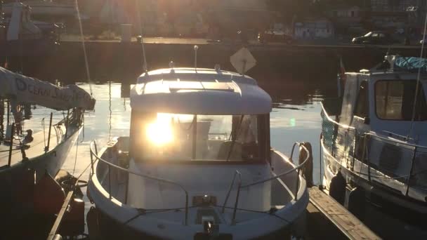 Bateau dans un port dans l'éclairage arrière — Video